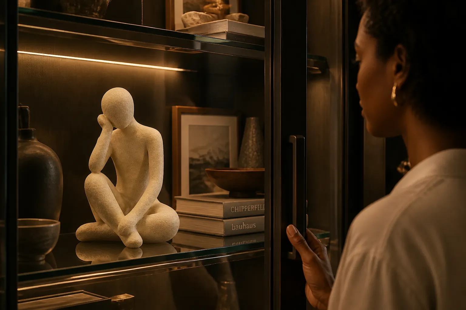 Luxurious glass display cabinet showcasing the Thinker Accent alongside curated art pieces, illuminated by warm ambient LED strip lighting for a gallery-like presentation
