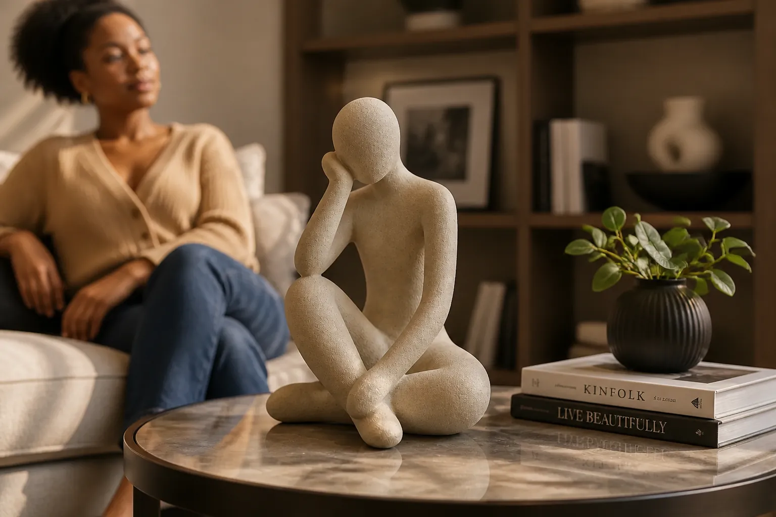 A satisfied customer's living room featuring the Thinker Accent on a contemporary open shelf, surrounded by decorative books and minimalist decor items in warm natural light
