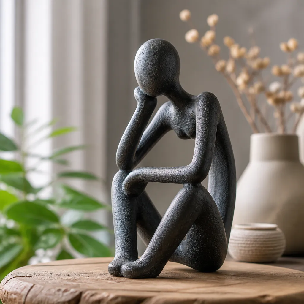 Professional product photography of the Thinker Accent beautifully illuminated against a dark neutral backdrop, showcasing the complete sculptural form from a three-quarter angle with dramatic lighting