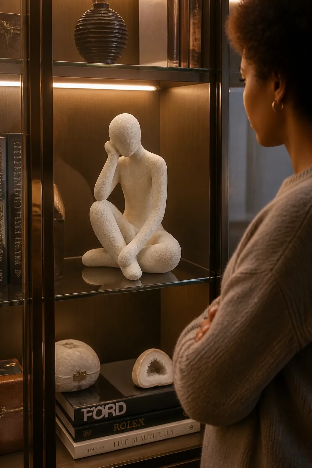 Luxurious glass-fronted display cabinet showcasing the Thinker Accent among curated art collectibles and books, illuminated by warm interior LED lighting with a subtle reflection on the glass