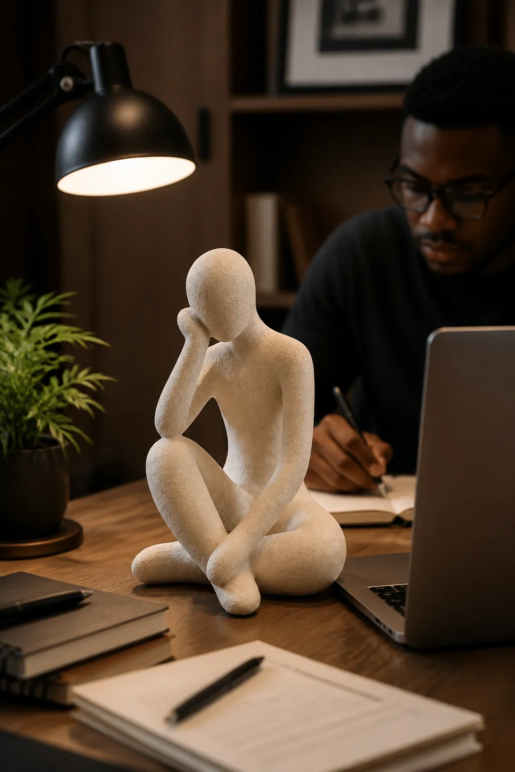 Contemporary home office study desk with the Thinker Accent placed prominently, accompanied by an open laptop, stacked notebooks, a green desk plant, and a modern adjustable desk lamp casting warm light