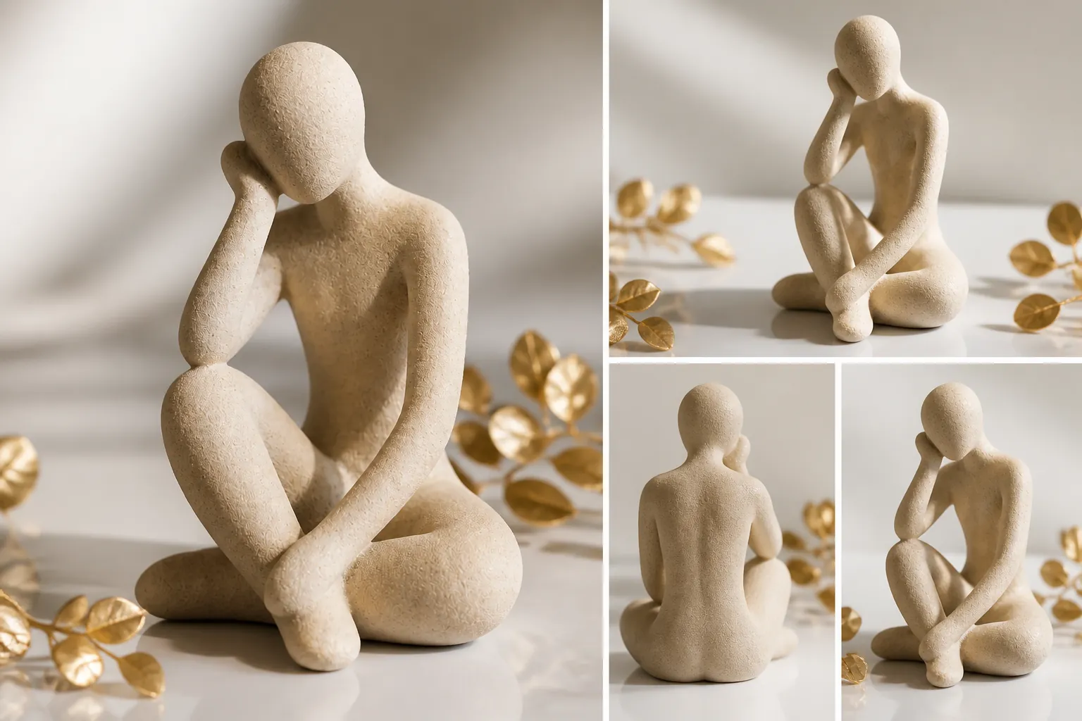 Stylized product photography showing the Thinker Accent from multiple angles on a minimal white surface, complemented by gold decorative elements and soft directional lighting