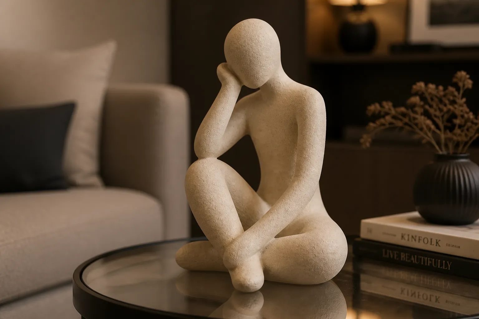The same minimalist coffee table now adorned with the Abstract Thought Thinker Accent Resin as the centerpiece, surrounded by warm ambient lighting and styled decor elements