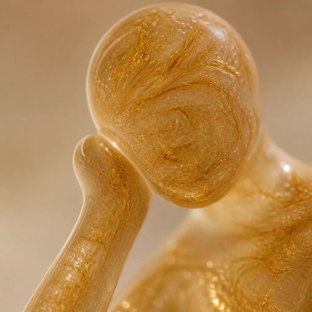 Extreme close-up macro photograph of the Abstract Thought Thinker Accent Resin showcasing intricate golden swirls and translucent resin layers with light refracting through the abstract patterns