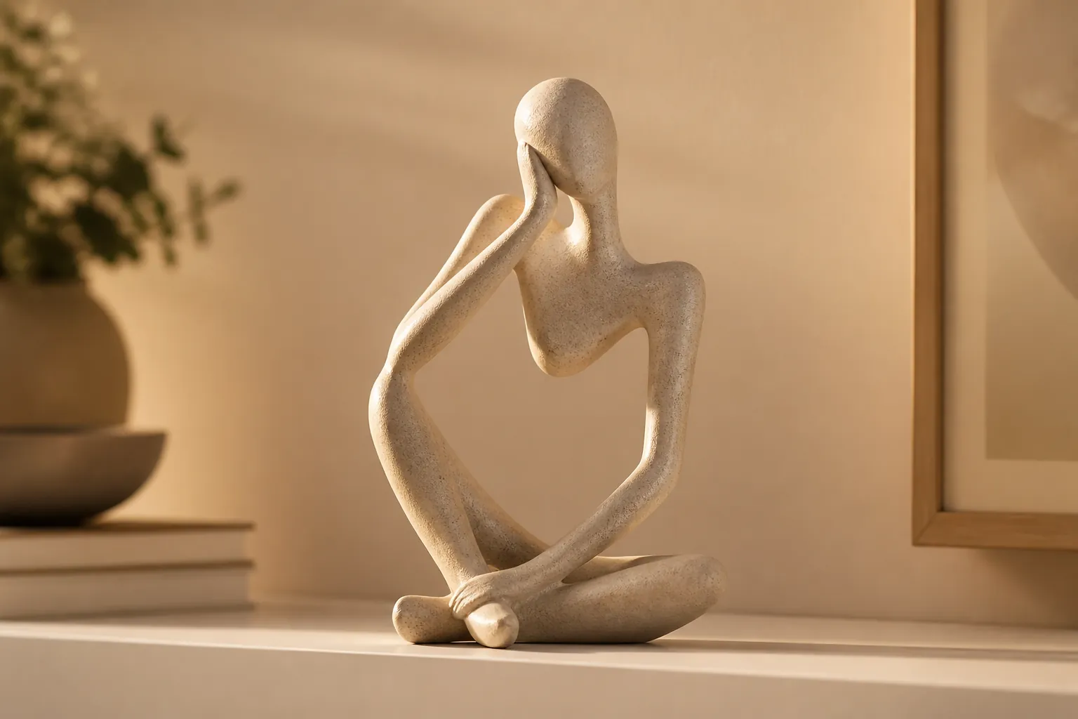 Same elegant shelf now featuring the Abstract Thought Thinker Accent Resin piece with warm ambient lighting and refined decor