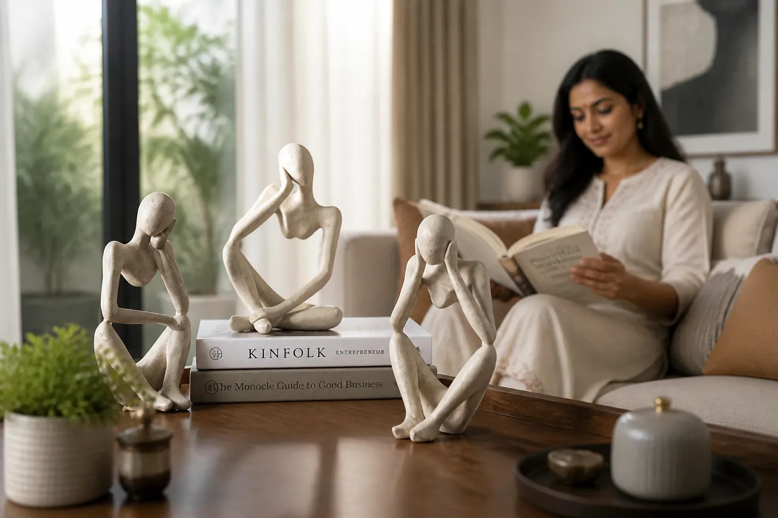 Abstract Thought accent displayed on a stylish coffee table with books and decorative elements in a bright modern living room