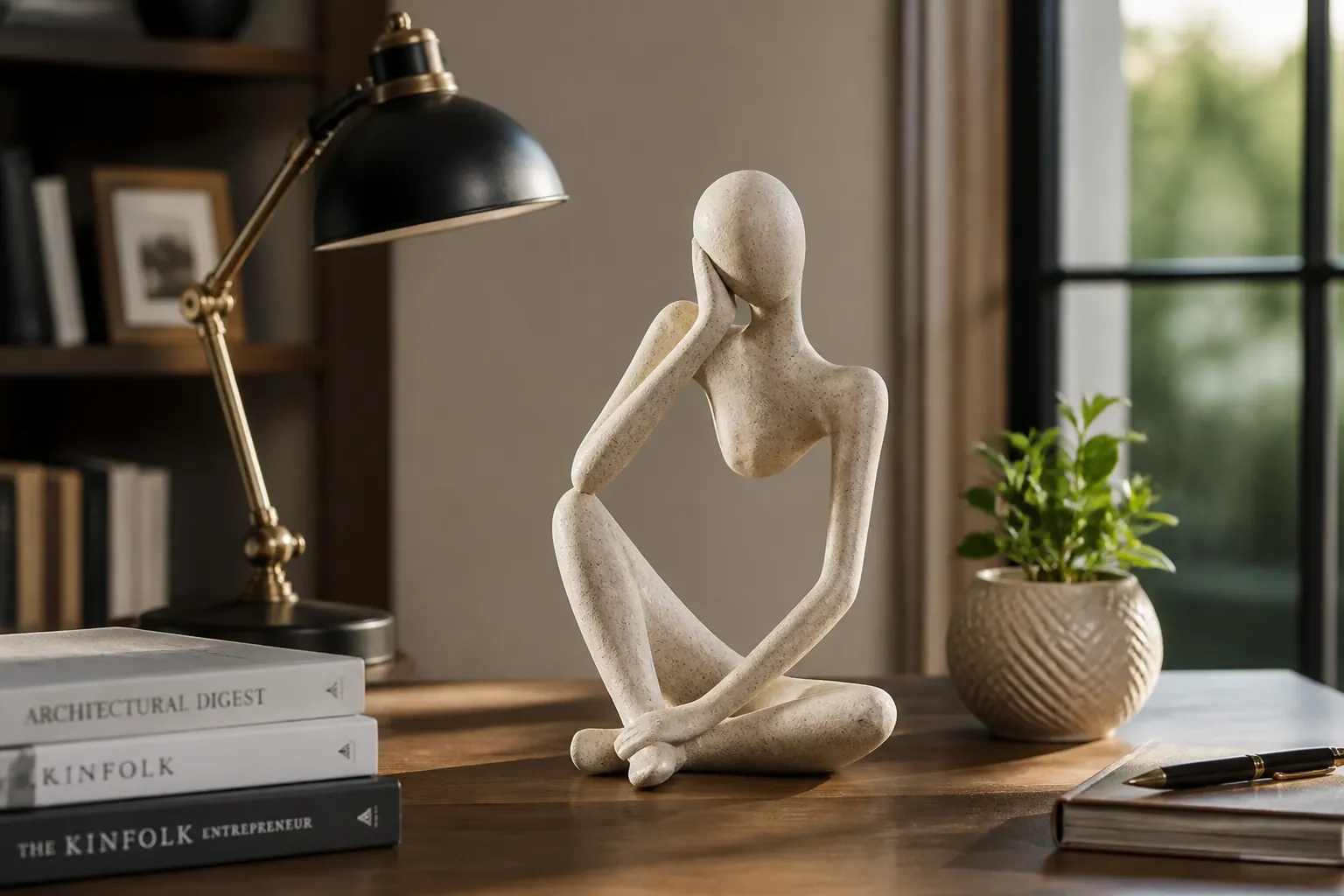 Elegant modern study room featuring the Abstract Thought Thinker Accent on a wooden desk with books, a reading lamp, and sophisticated decor