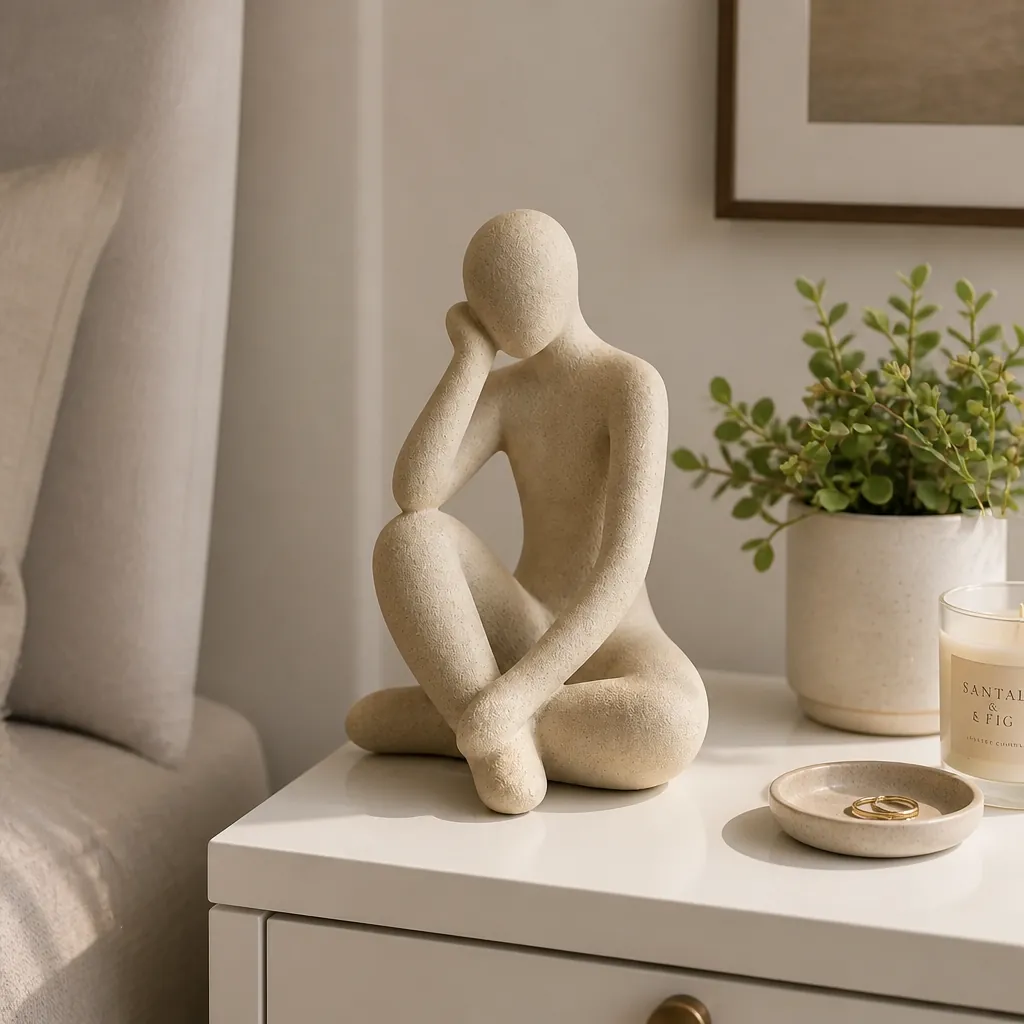 A serene minimalist bedroom with a clean white nightstand featuring the Thinker Accent alongside a small plant and minimal decor