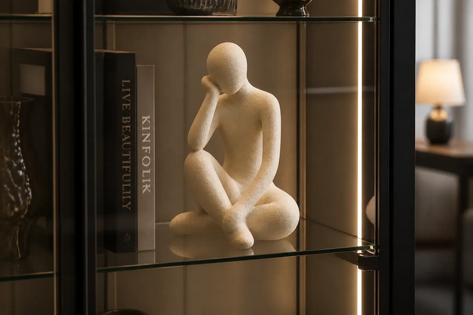 The Abstract Thought Thinker Accent displayed beautifully in a modern glass show cabinet with ambient lighting