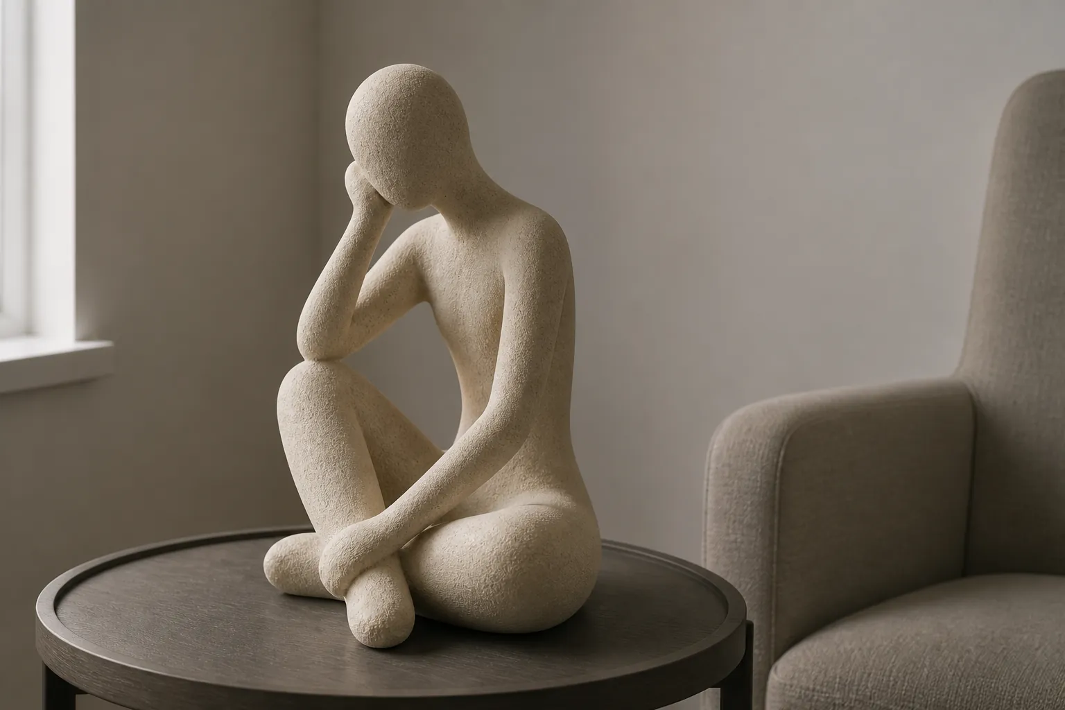 A bland undecorated room corner with bare walls, generic furniture, and no personality visible in the space