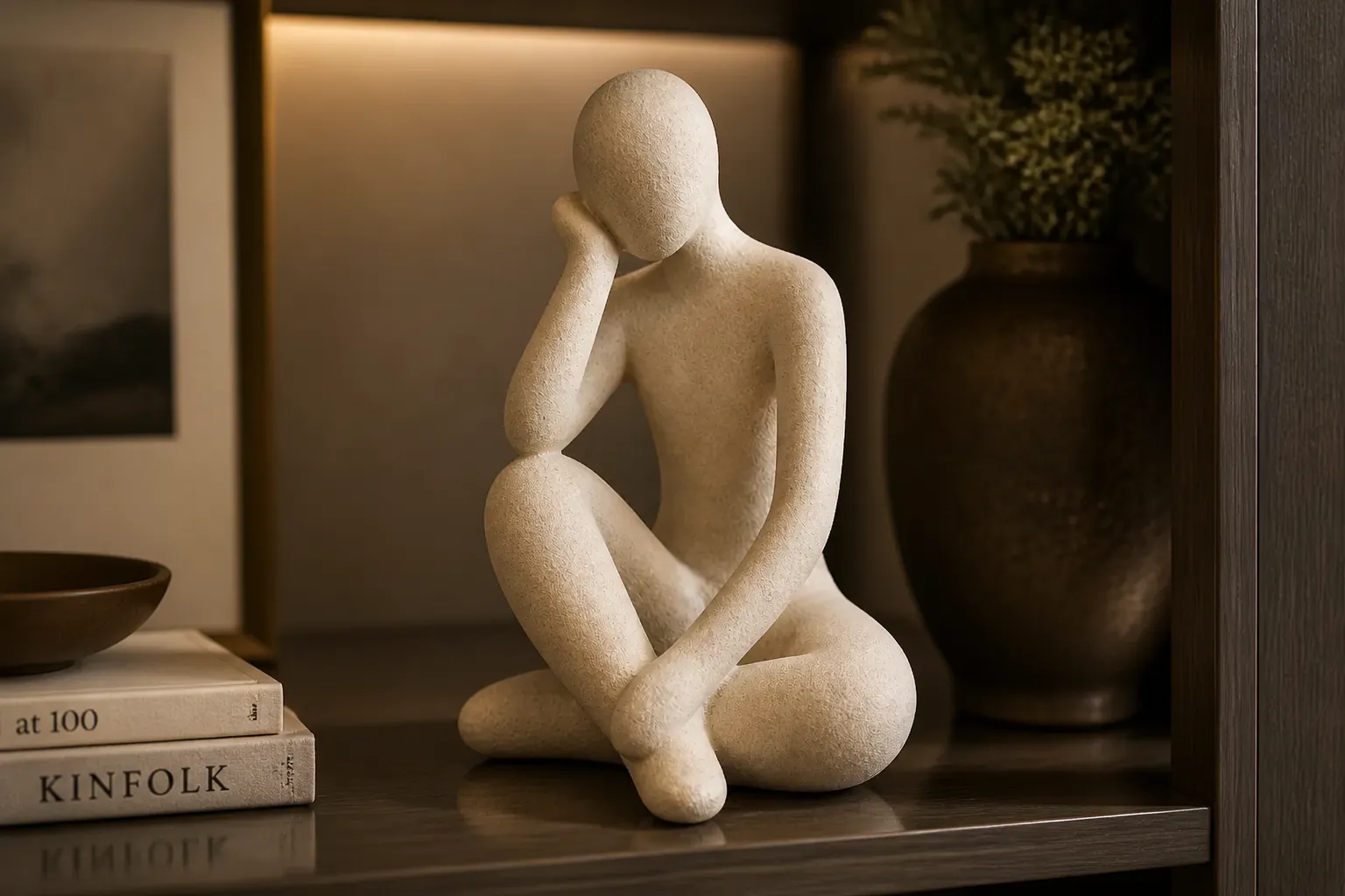The same beautifully styled space now featuring the Thinker Accent on a stylish shelf with warm ambient lighting