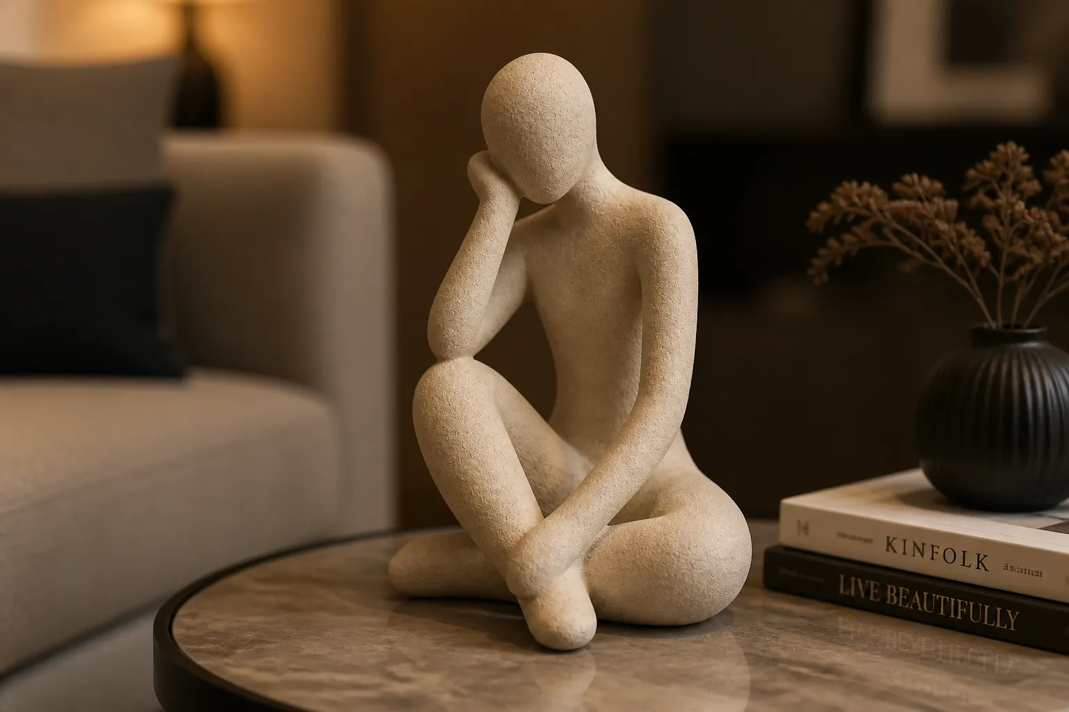 The Abstract Thought Thinker Accent beautifully lit in a sophisticated living room setting with warm ambient lighting and tasteful home decor