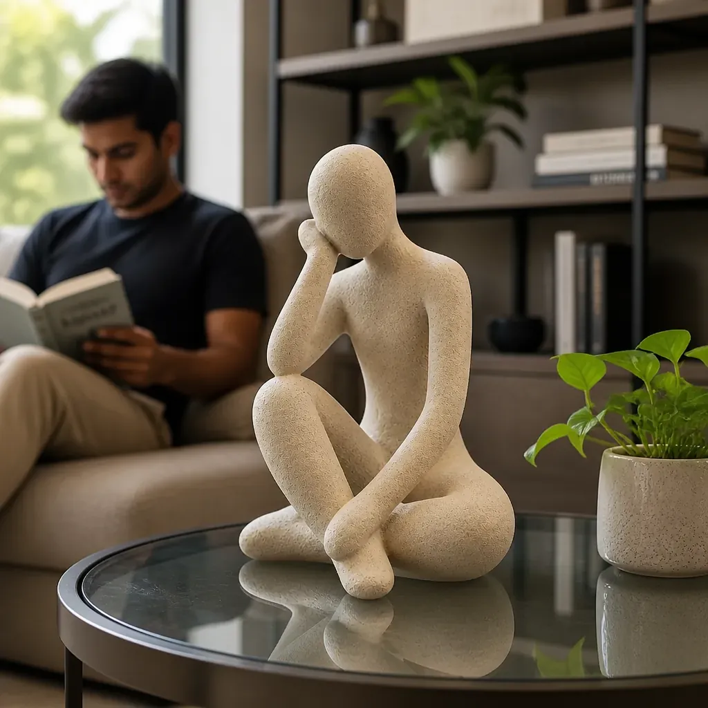 A contemporary modern living room featuring a stylish open shelf unit with the Thinker Accent as a centerpiece surrounded by books and plants
