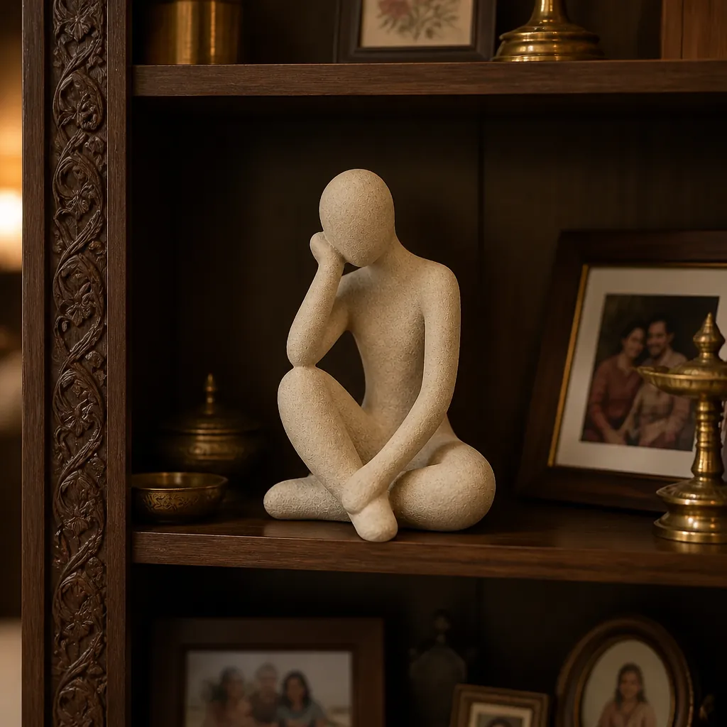 A traditional Indian home display unit with carved wooden frame showcasing the Thinker Accent alongside brass decor and family photos