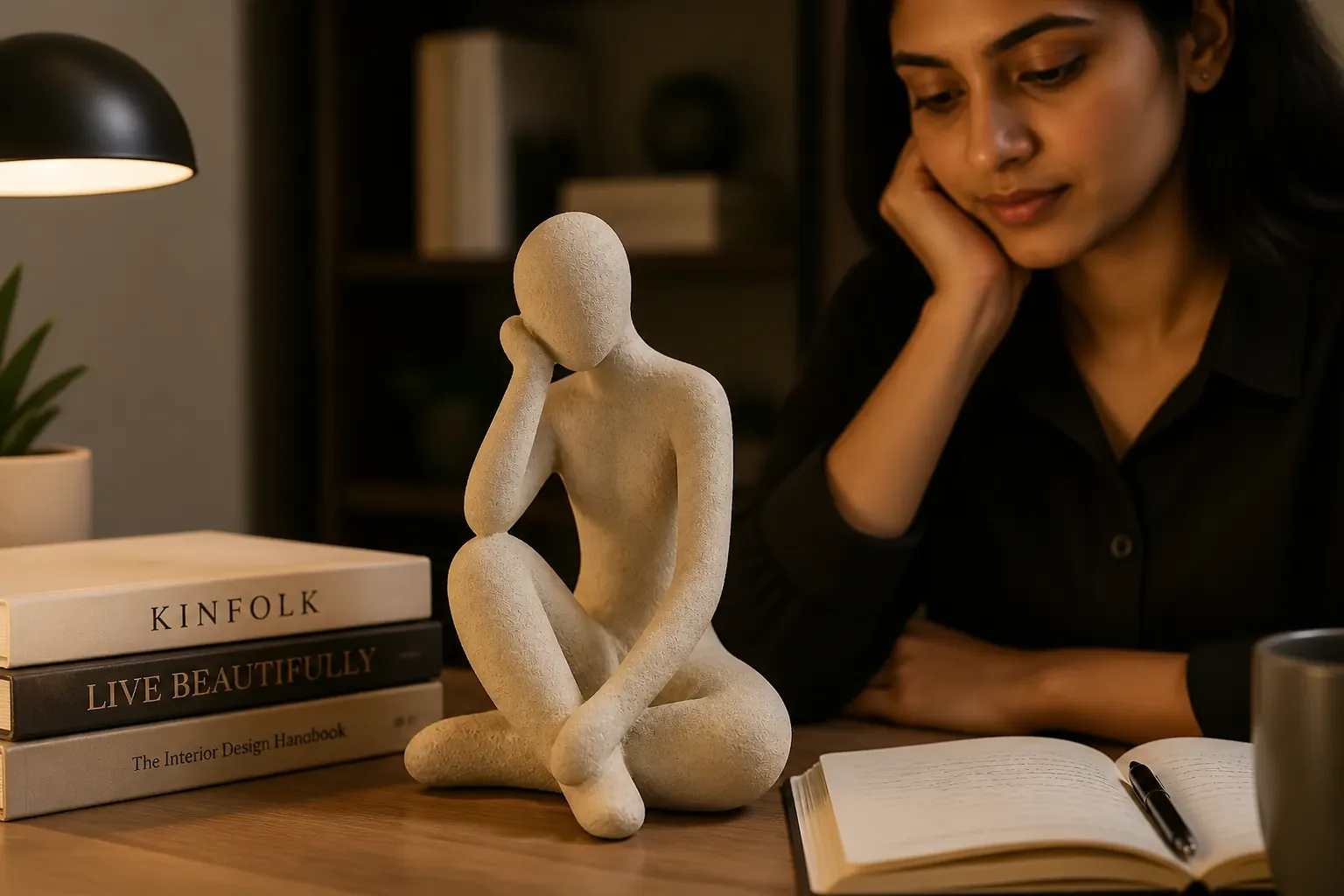 A modern minimalist study desk arrangement featuring the Thinker Accent alongside books and a lamp for inspirational workspace decor